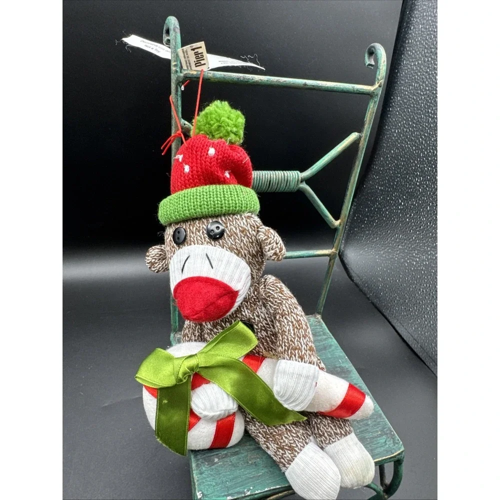 Vintage Pier One CHRISTMAS SOCK MONKEY CHRISTMAS Ornament With Candy Cane NWT